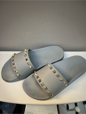 Valentino Light Gray Slide Sandals with Gold Rockstuds